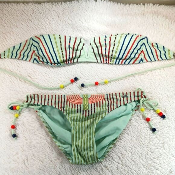 LA Hearts 2 Piece String Bikini With Strapless Bandeau Top. Retro Boho Beaded L - Picture 6 of 12